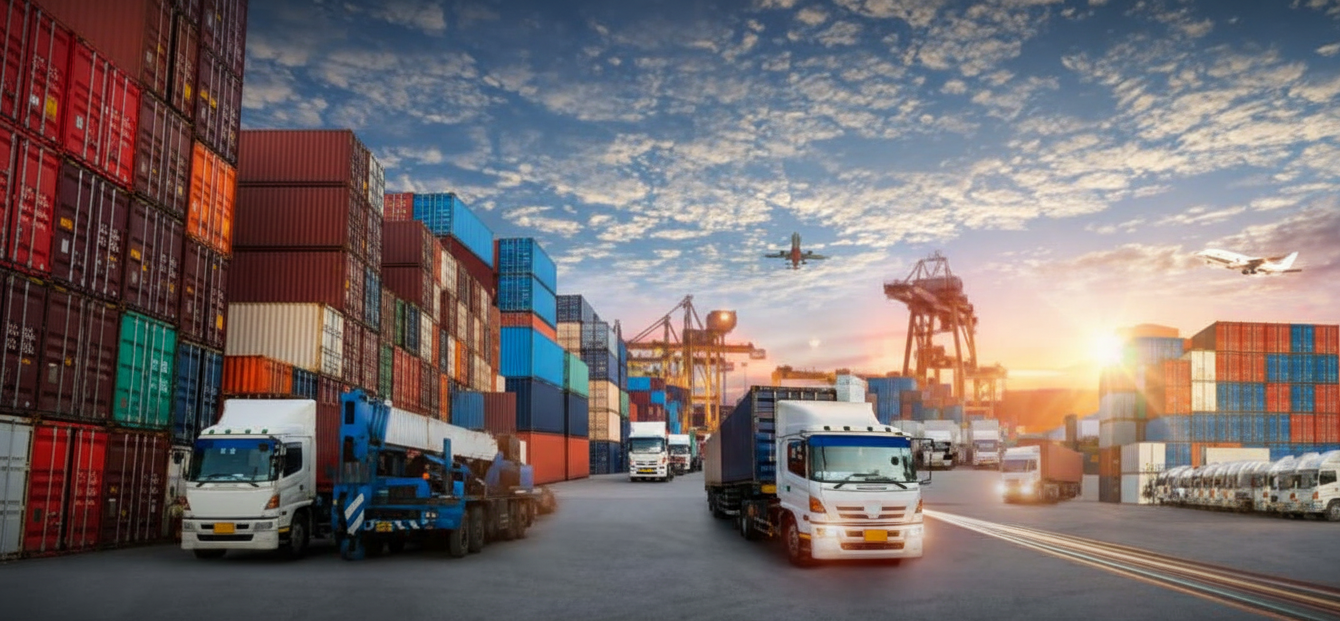 contract-logistics-and-3PL-trucks-on-the-port-with-containers-on-right-and-left