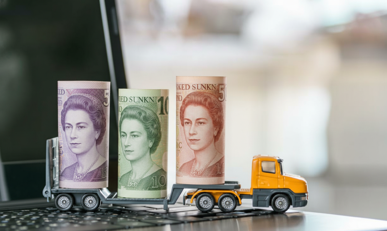 There is a laptop in the background and above it has a truck loading uk currency notes which is earned by a contract logistics cost deal