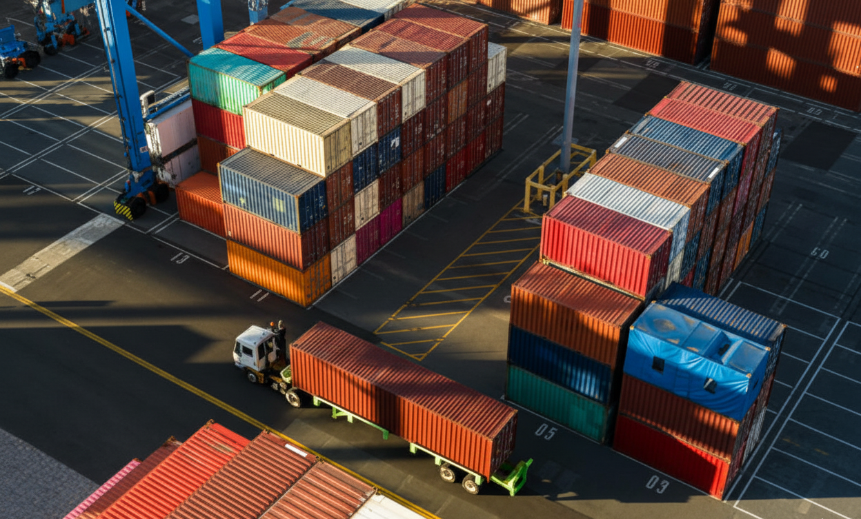 A drone shot of a shipping yard, showcasing organized container storage and truck movement, vital for optimizing contract logistics efficiency