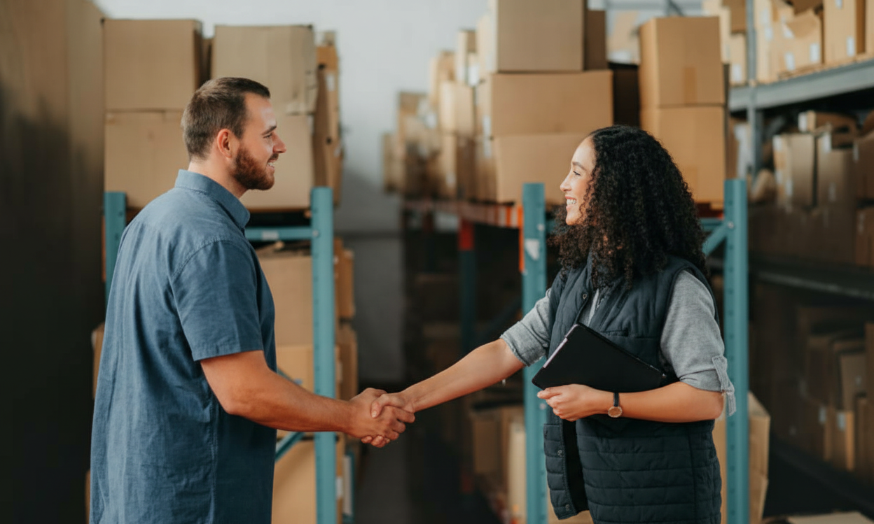 A handshake between a client and a logistics provider, representing a collaborative logistics partnership for a smooth and efficient supply chain.